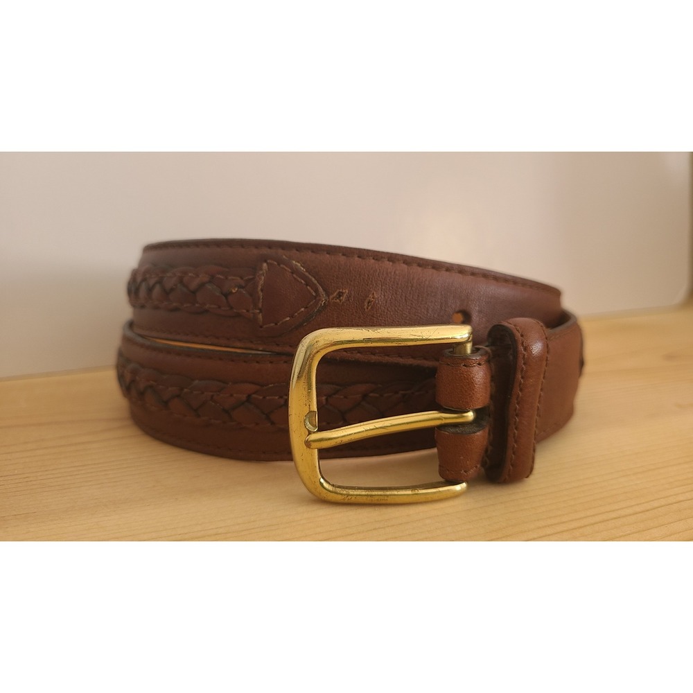 Full Grain Brown Leather Braided Inlay Belt Gold Tone Buckle